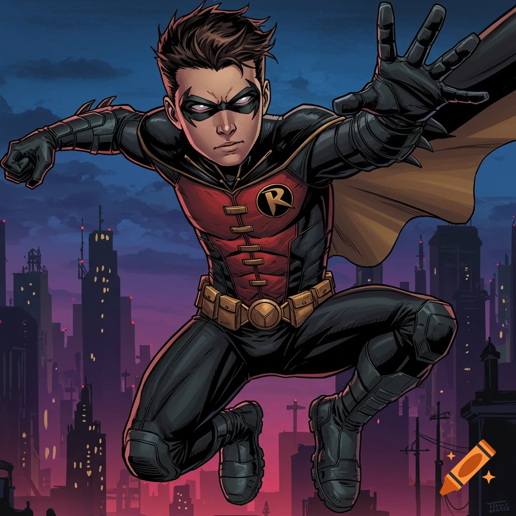 Comic art of Robin (Tim Drake) leaping with arm outstretched over a city skyline at night.