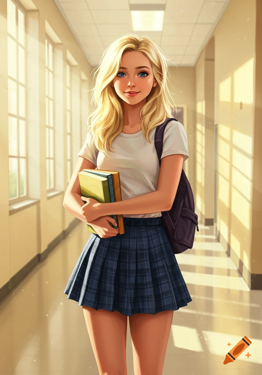 Blonde female student in a school hallway holding books. Anime style illustration.