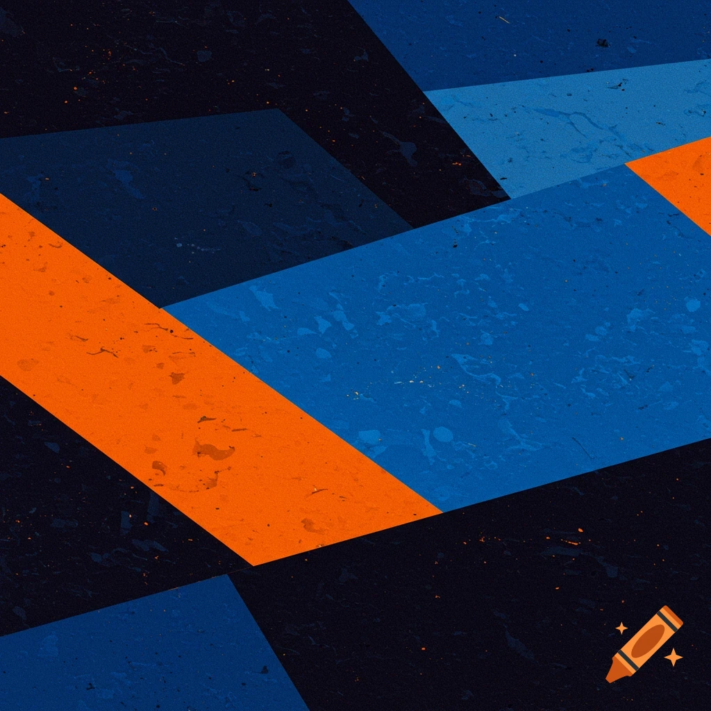 Abstract geometric pattern with blocks of orange, blue, and black.