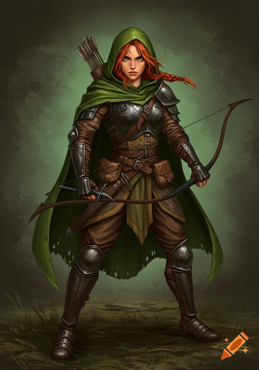 Illustration of a red-haired female fantasy adventurer in a green cloak and armor holding a bow.