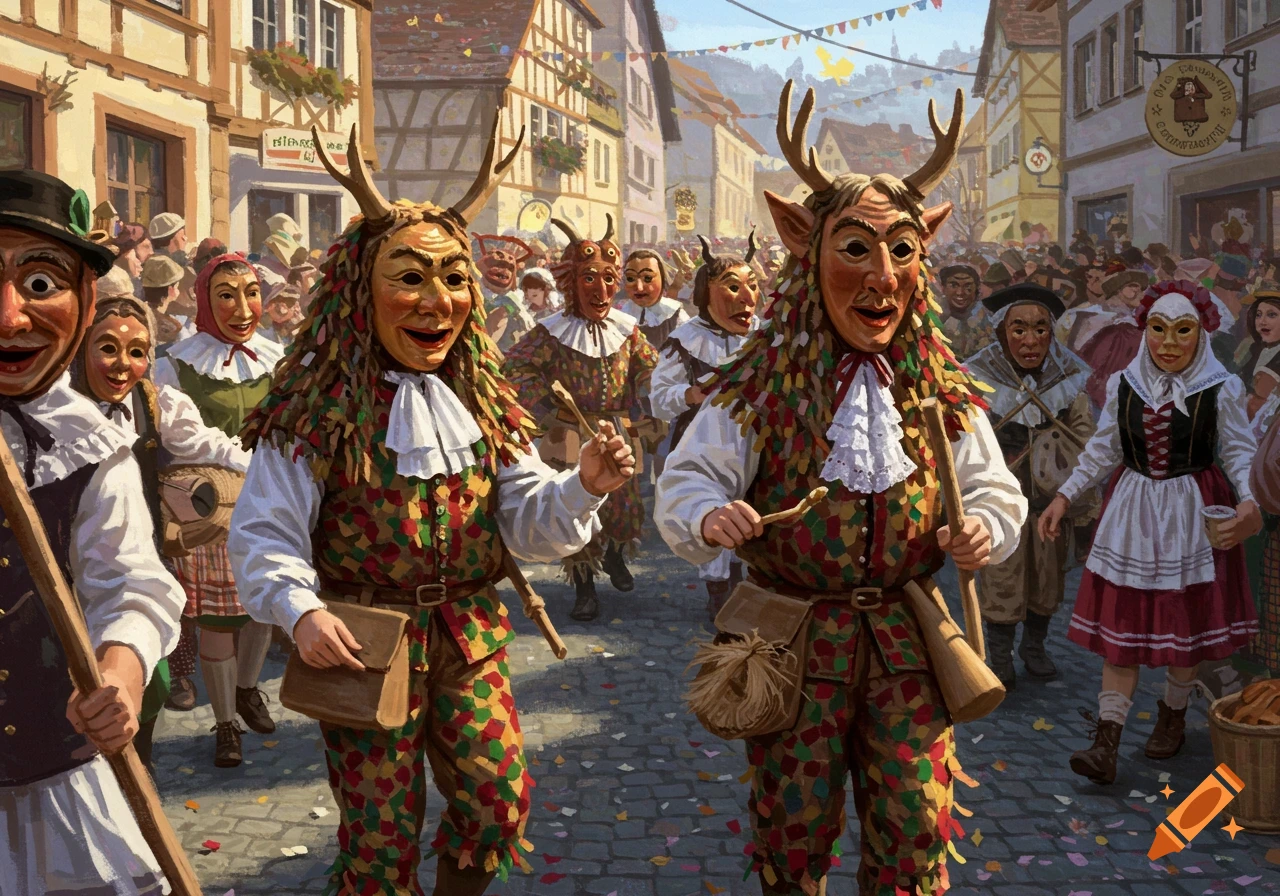 People in traditional, elaborate masks and costumes with antlers and fur celebrate a carnival in a town street, painterly style.