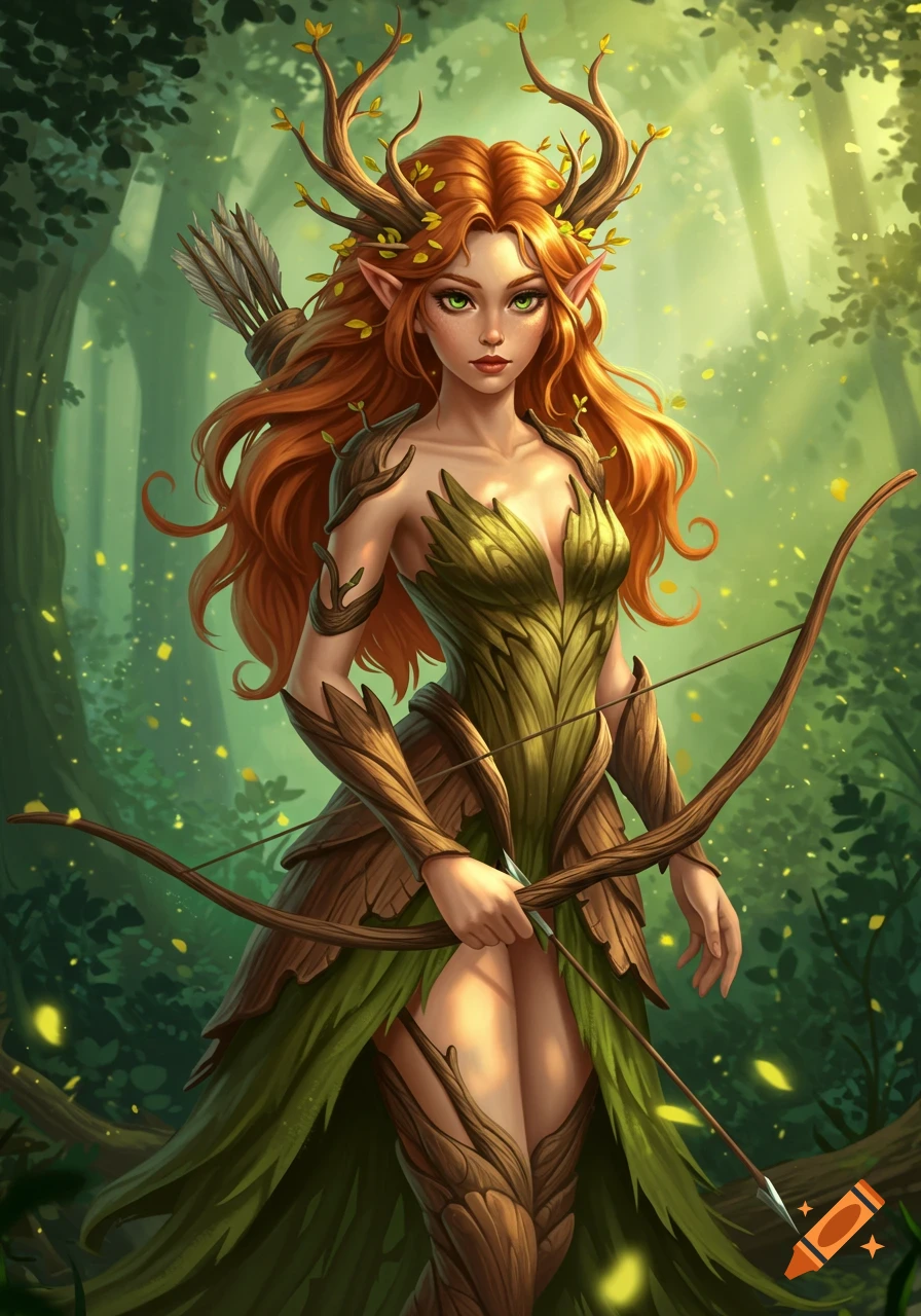 Red-haired dryad woman in a leafy dress holding a bow and arrow in a forest, digital painting.