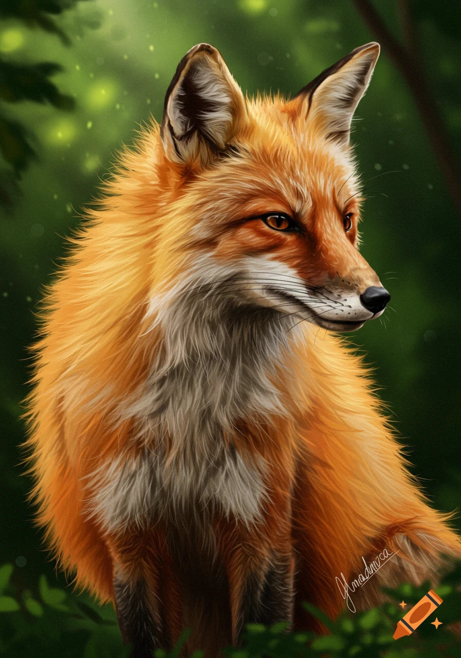 Digital painting of a red fox in a forest.