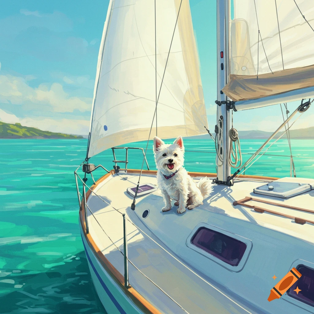 White dog on a sailboat on the water in a painterly style.
