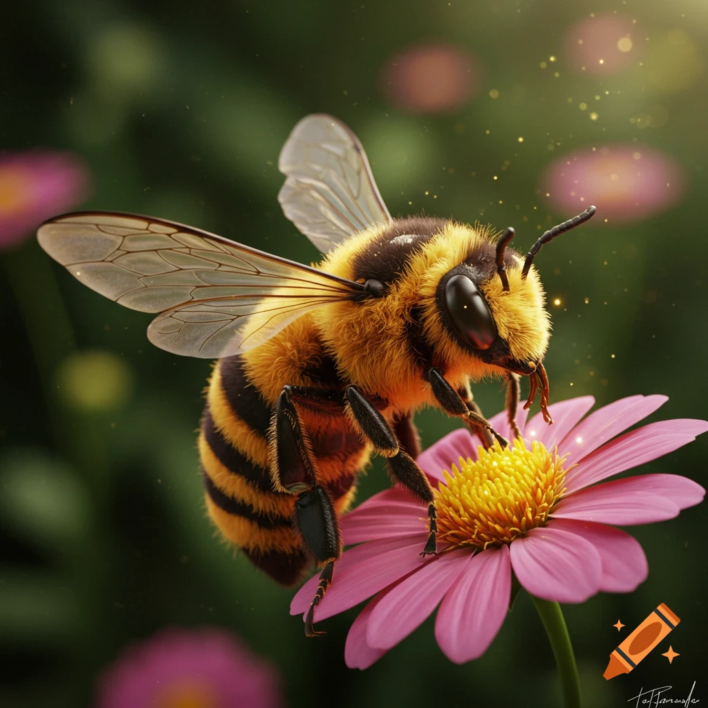 Close-up photorealistic image of a bee collecting nectar from a pink flower.