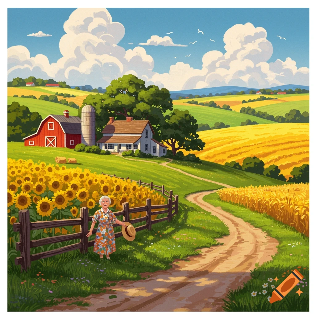 Illustration of an old woman in a floral dress standing by a fence near a field of sunflowers on a farm with a barn and farmhouse.