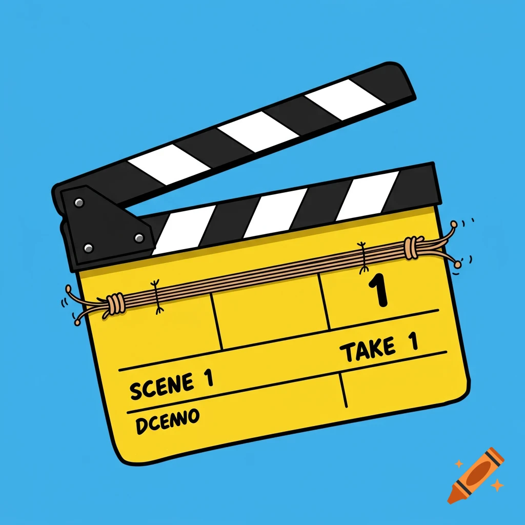 Cartoon clapper board with guitar strings on a blue background.