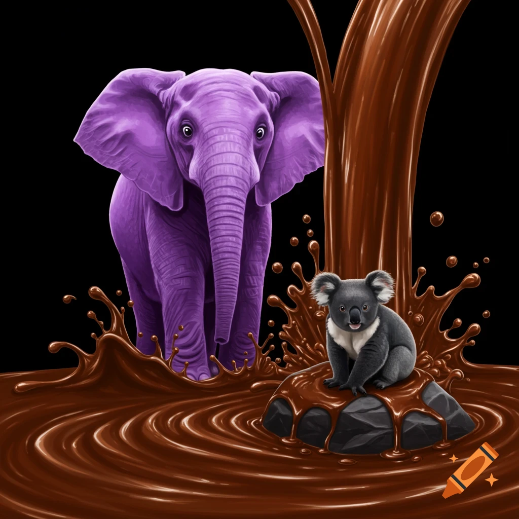 A purple elephant stands behind a koala sitting on a rock in a pool of flowing chocolate, with chocolate pouring from above.