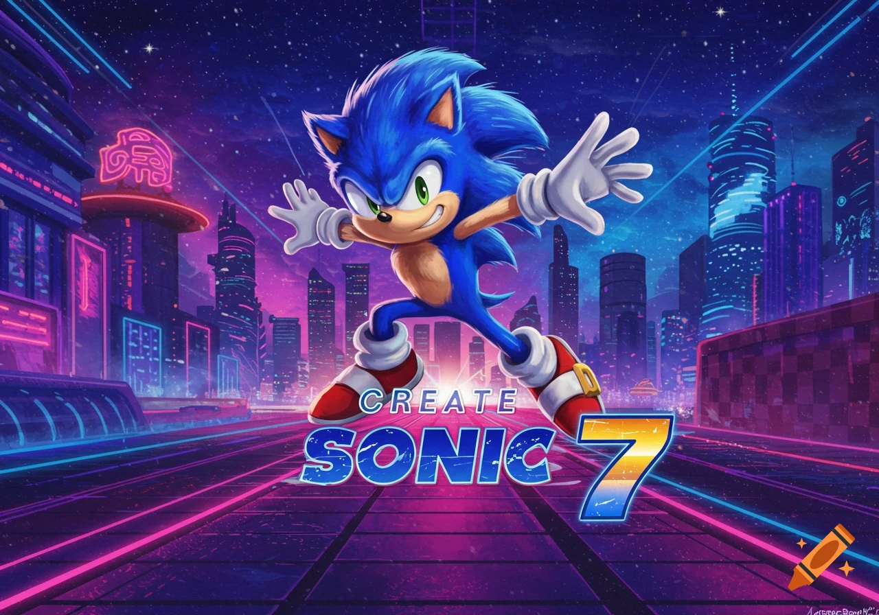 Sonic the Hedgehog runs over a glowing track in a futuristic city. Text says CREATE SONIC 7. Vibrant digital art.