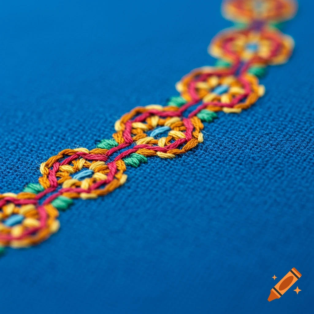 Close-up of colorful embroidery stitching on blue fabric.