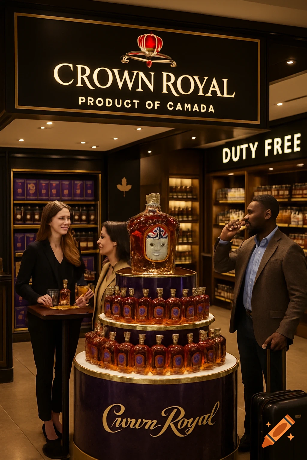 People in a duty free store next to a large Crown Royal display.