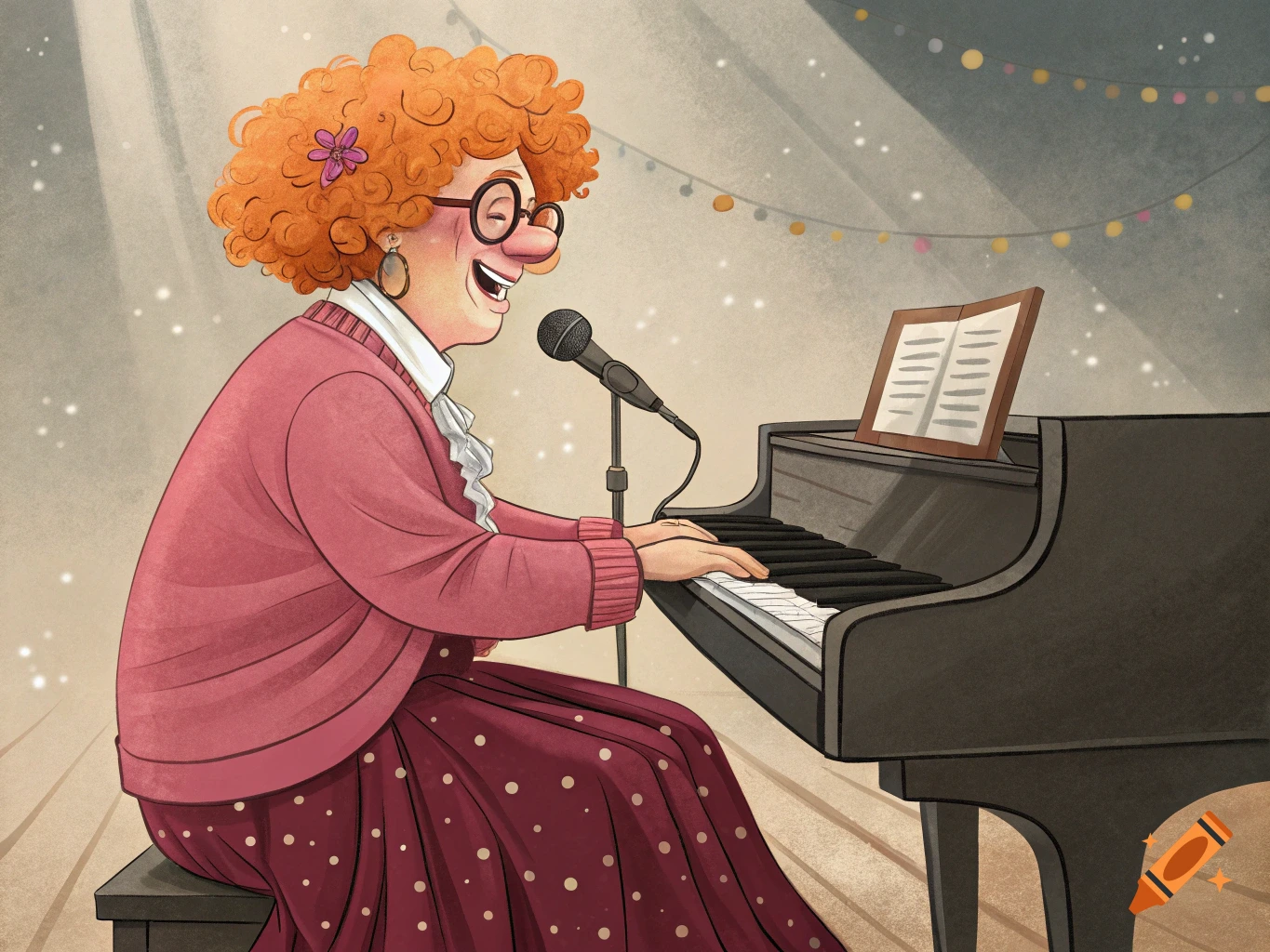 Cartoon illustration of a woman with orange curly hair playing a piano and singing.