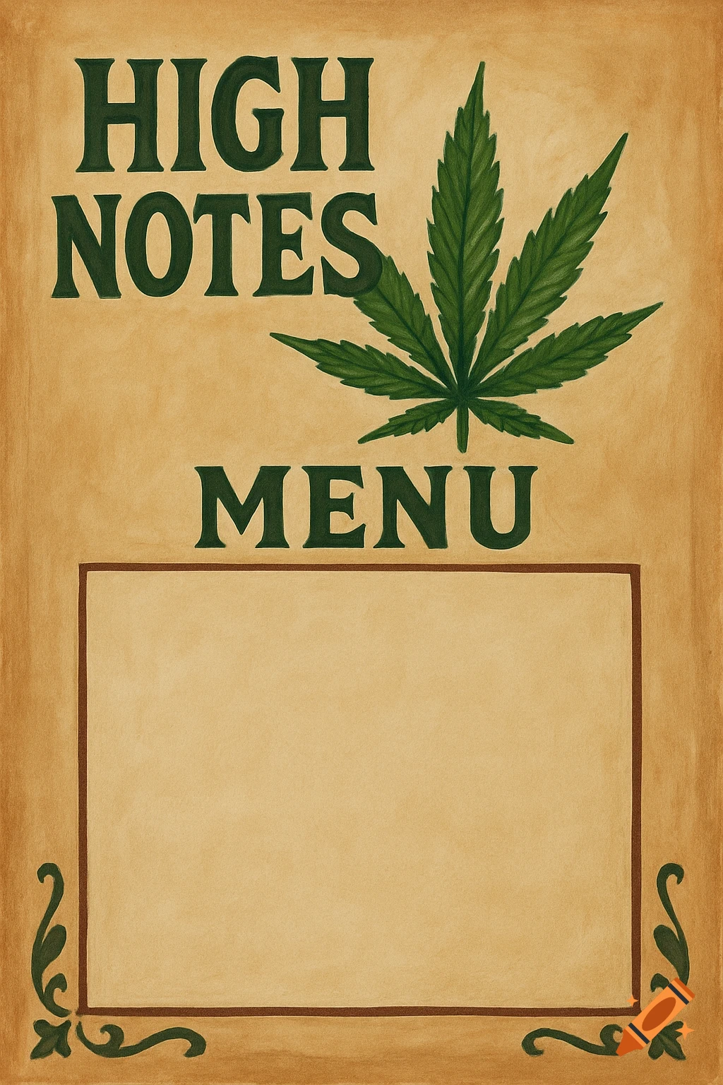 A blank menu template titled 'HIGH NOTES MENU' with a cannabis leaf and decorative borders on a tan background.