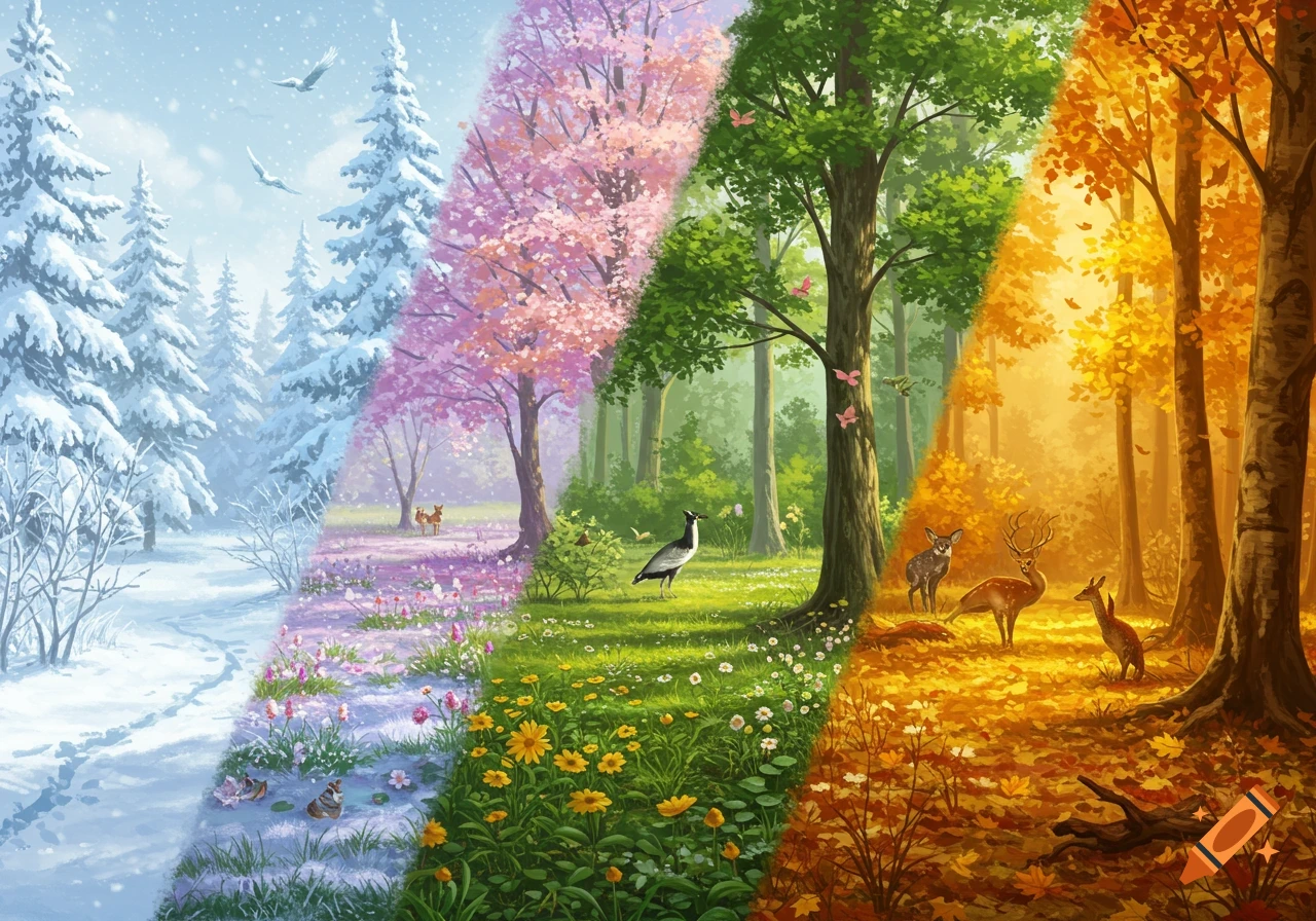 An illustrated landscape split diagonally into four seasons: winter, spring, summer, and fall, with trees and animals.