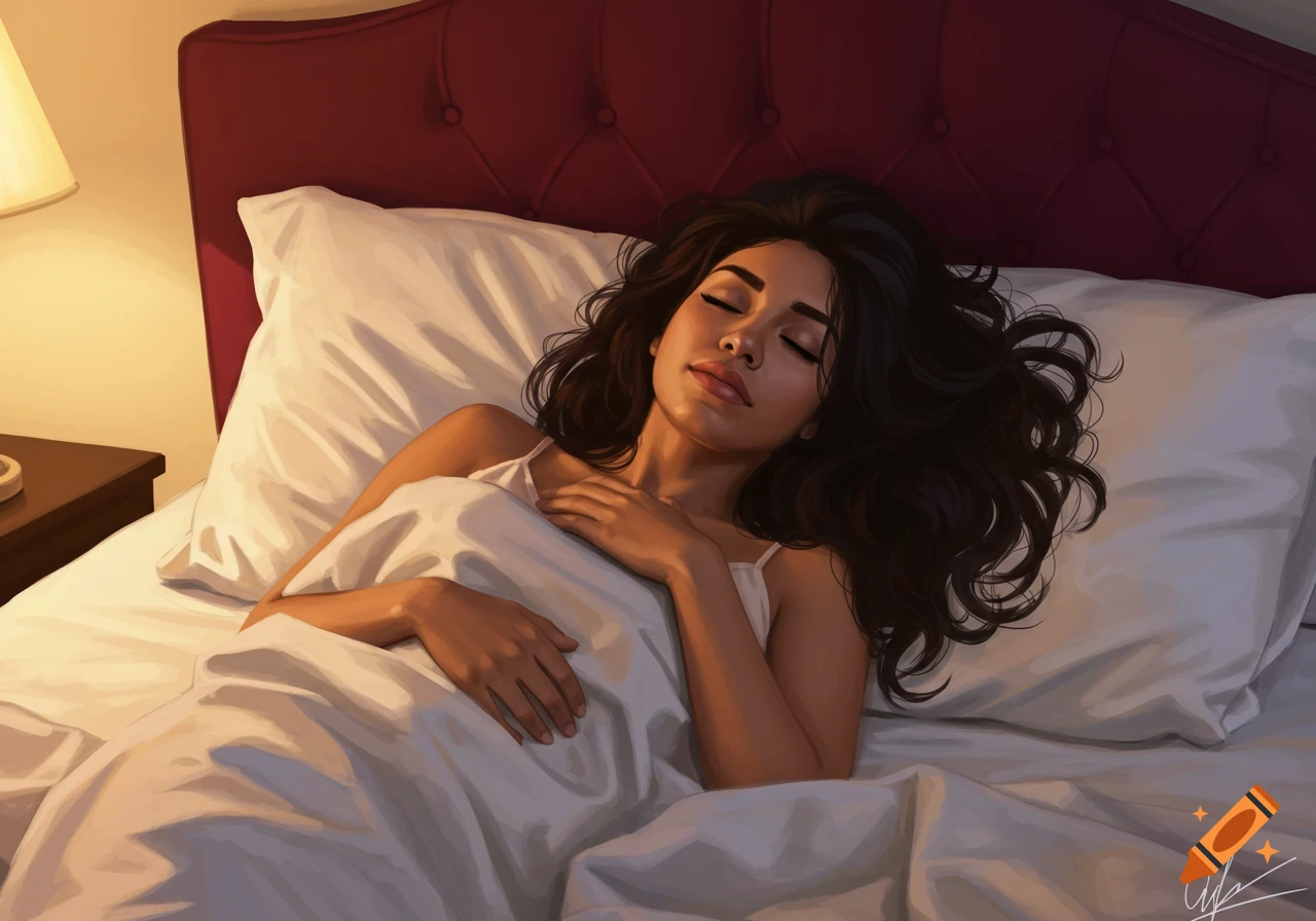 Illustration of a woman sleeping peacefully in bed.