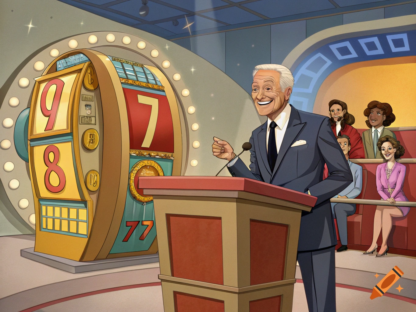 A game show host stands at a podium next to a large spinning number wheel in an illustration.