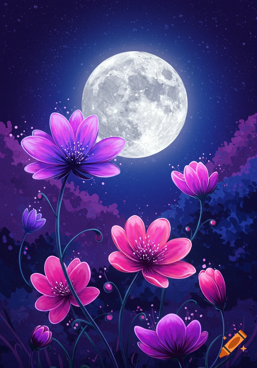 Stylized illustration of pink and purple celestial flowers under a bright moon in a starry night sky.