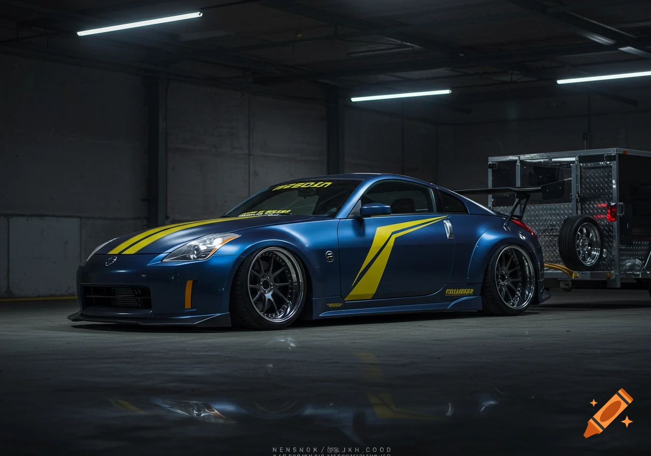 Modified blue Nissan 350z with yellow stripes and a trailer in a garage ...