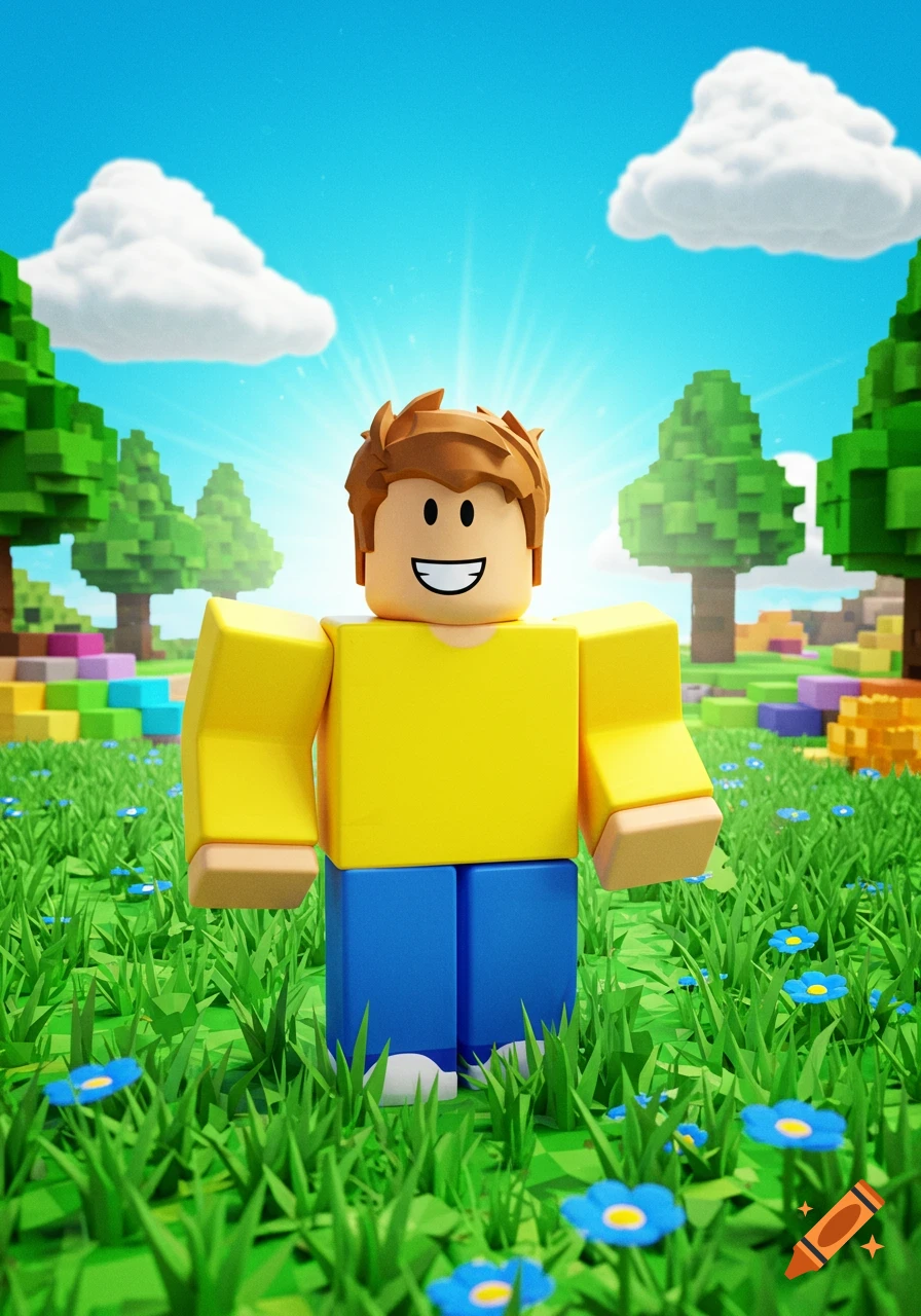 A Roblox-style character stands in a blocky green field under a sunny sky.