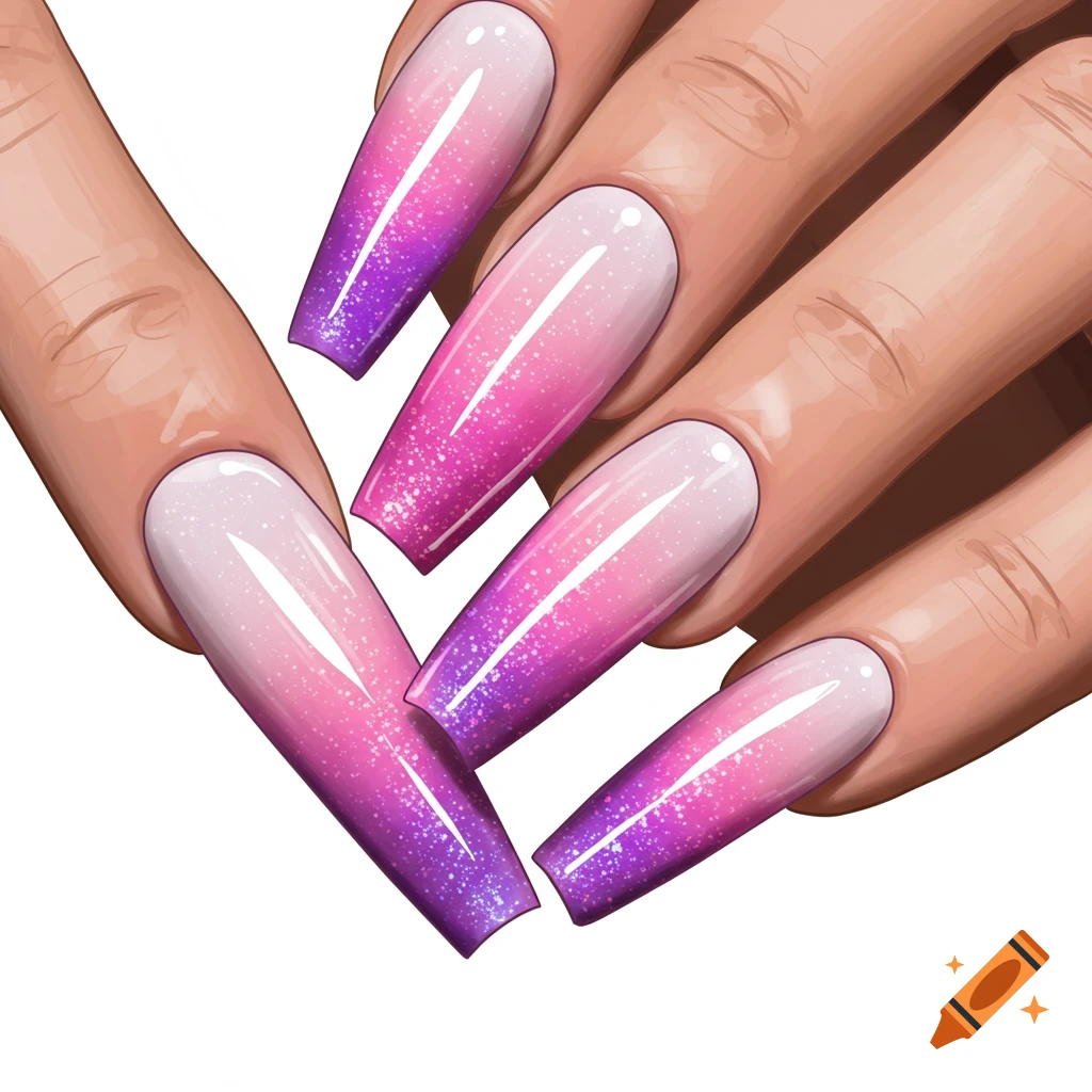 Hands with long pink and purple gradient glitter acrylic nails