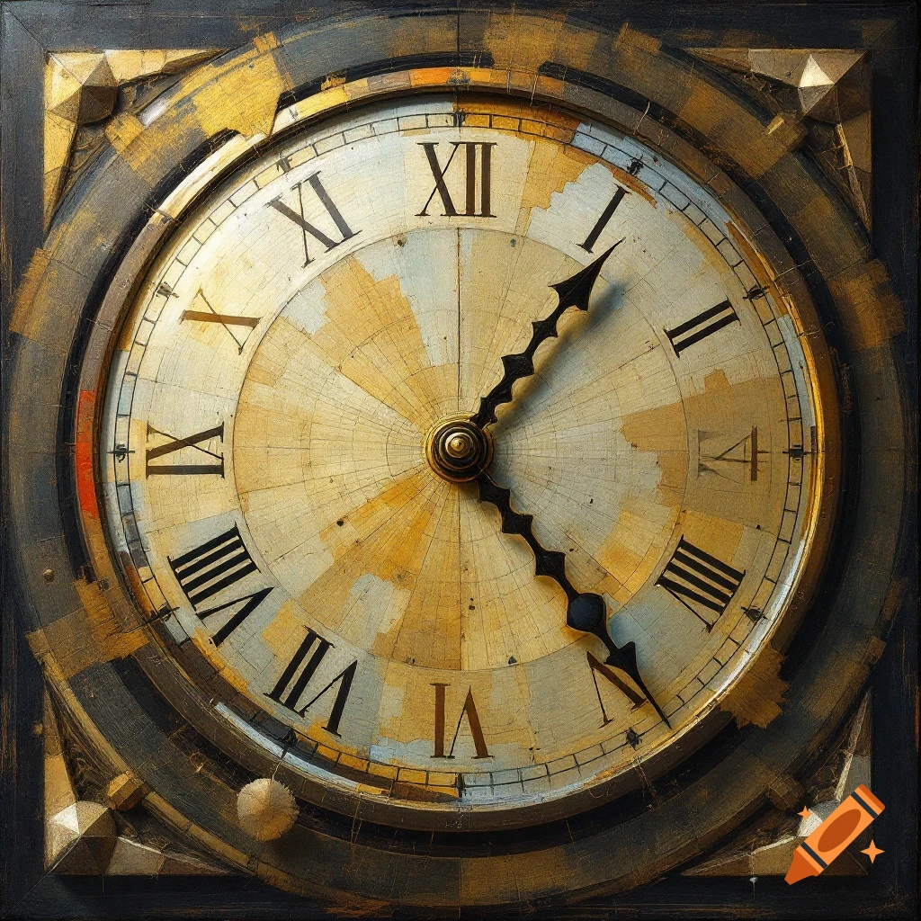 Close up of an old clock face in a melting, surrealist style.