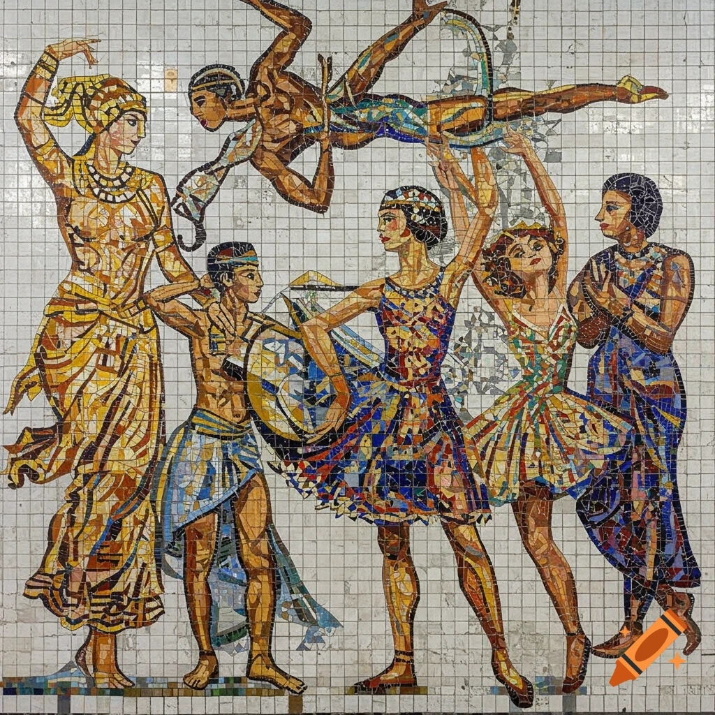 Mosaic depicting dancers, acrobats, and musicians
