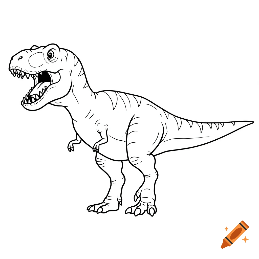 A black and white outline drawing of a Tyrannosaurus Rex, like a coloring page.