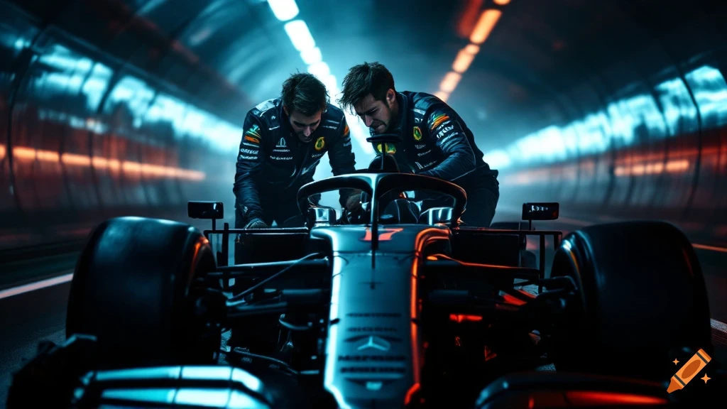 Two men look at an F1 car in a dark tunnel with dramatic lighting.