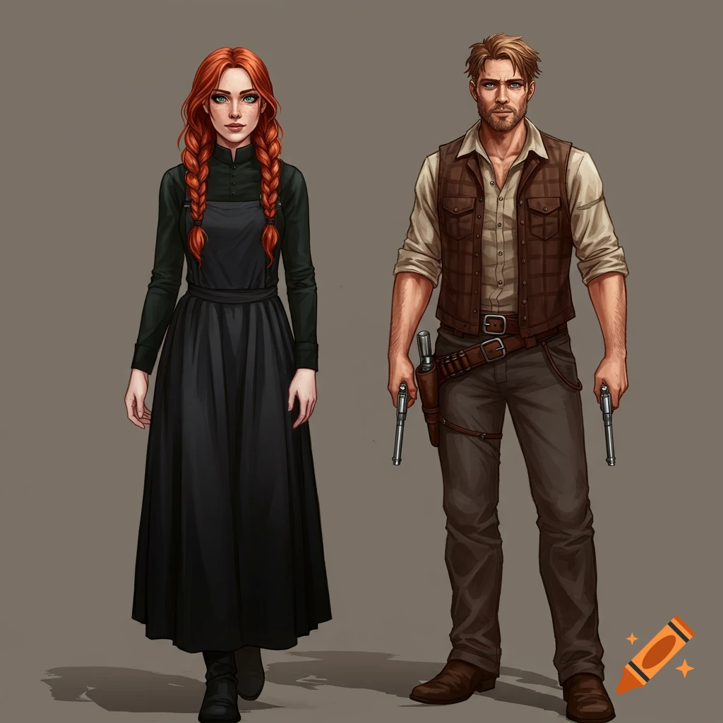 Character illustration of a woman in a black dress and a man in a vest with revolvers.
