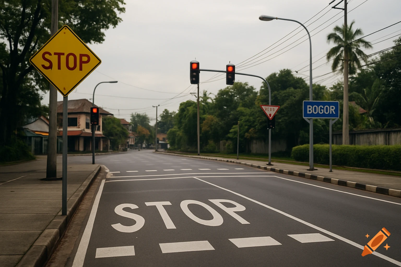 A street intersection with STOP signs, traffic lights, and a BOGOR sign.
