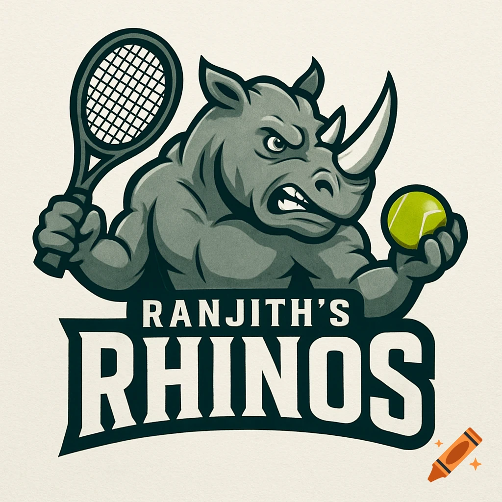 Logo of an angry muscled rhino holding a tennis racket and ball, with the text "RANJITH'S RHINOS".