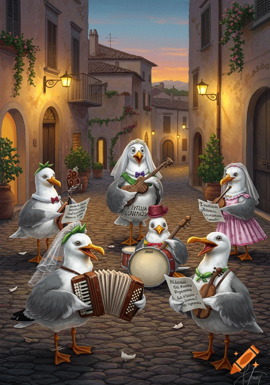 A band of anthropomorphic seagulls in formal wear play instruments and sing on a cobblestone street in an Italian town.