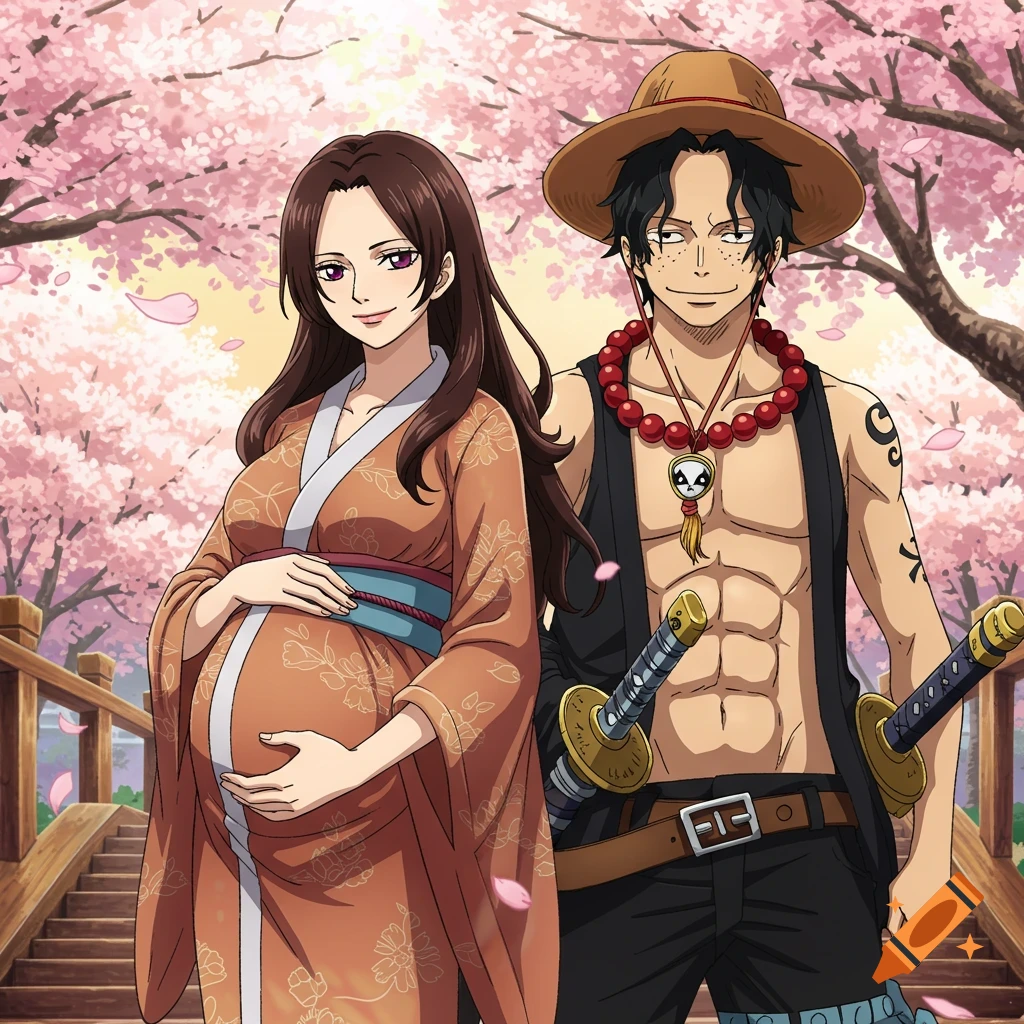 An anime man, Portgas D. Ace, stands beside a pregnant woman in a kimono under cherry blossom trees.