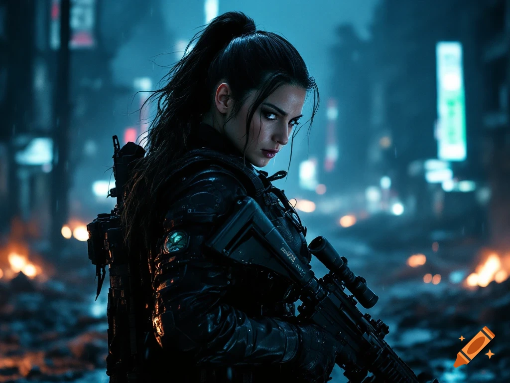 A woman in tactical gear holding a rifle in a rainy, destroyed city.