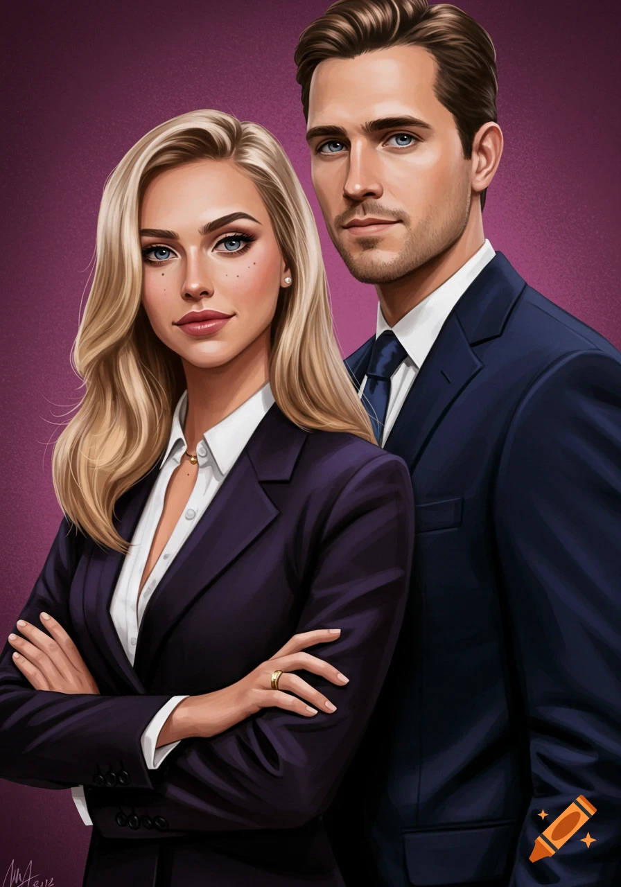 A digital painting of a man and woman in business suits standing ...