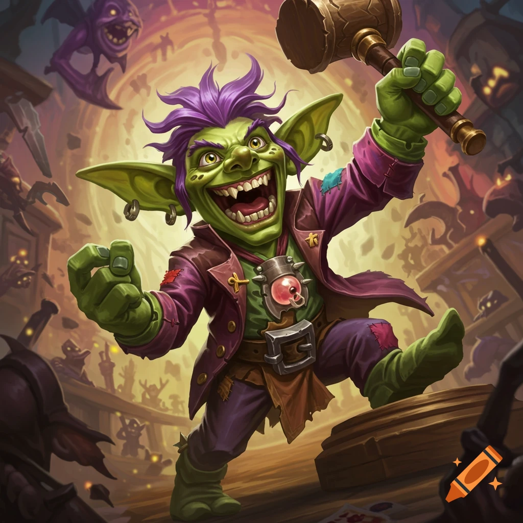 A frenzied goblin auctioneer in the style of Hearthstone bangs a gavel.