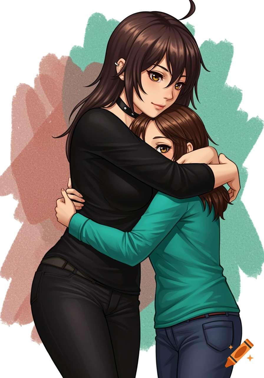 Anime drawing of a taller girl with dark hair in black clothes hugging a shorter girl with brown hair in a teal shirt.