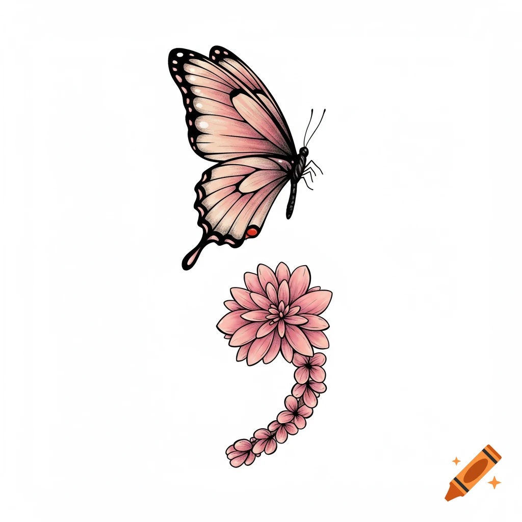 A pink butterfly above a pink floral design shaped like a semicolon illustration.