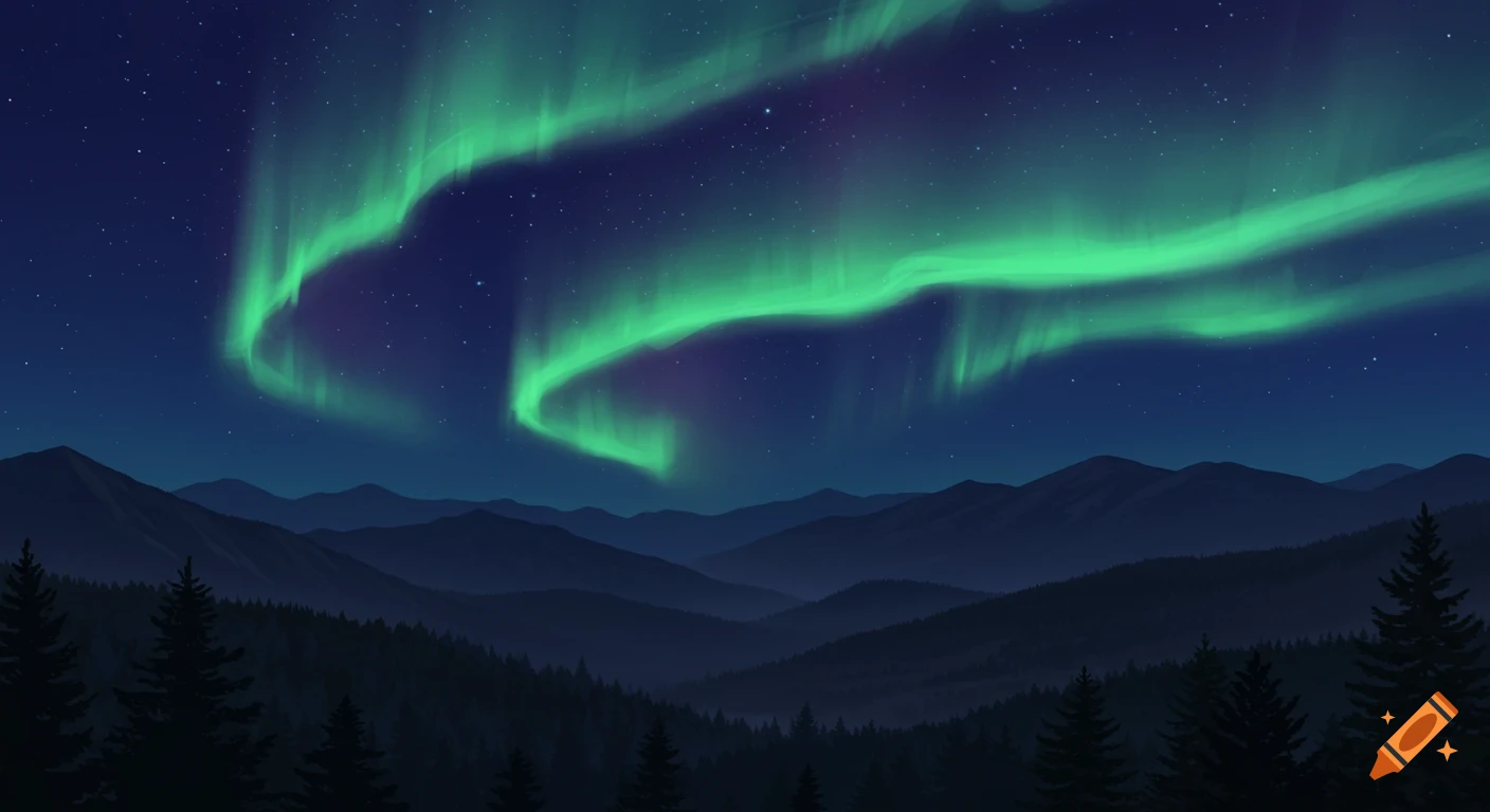 Green aurora borealis lights over silhouetted mountains and trees at night.
