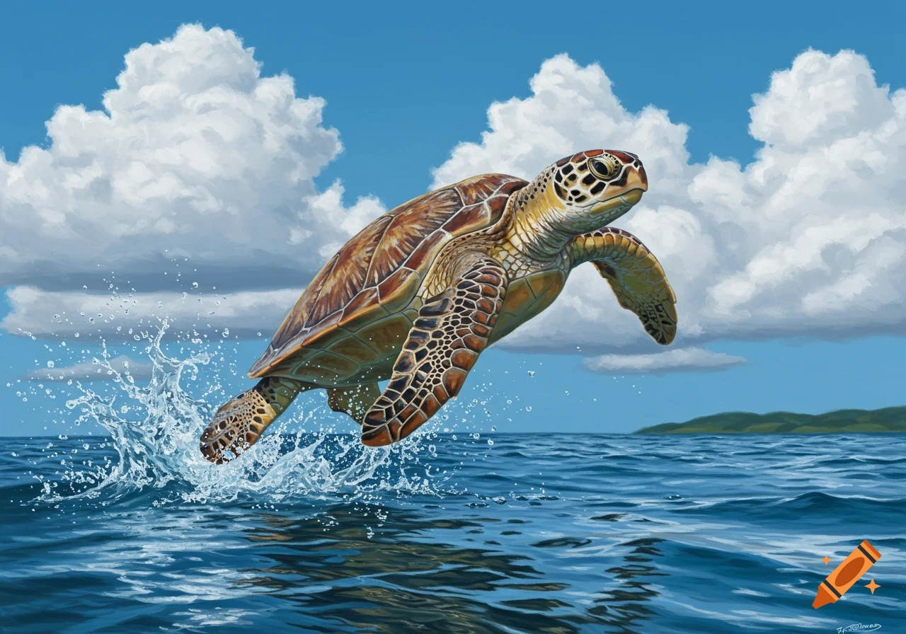 A sea turtle jumps out of the ocean with a large splash under a bright ...
