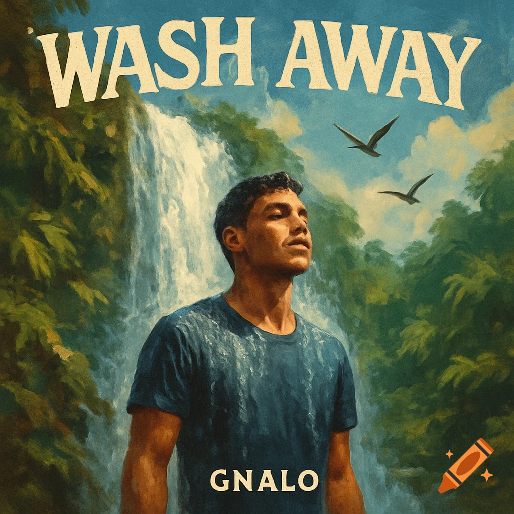 Painterly style image of a man under a waterfall with birds flying above. Text reads "WASH AWAY" and "GNALO".