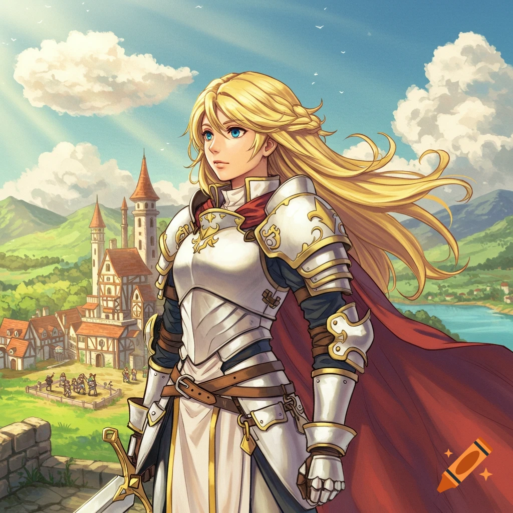 Anime illustration of a female knight in armor standing before a fantasy castle.