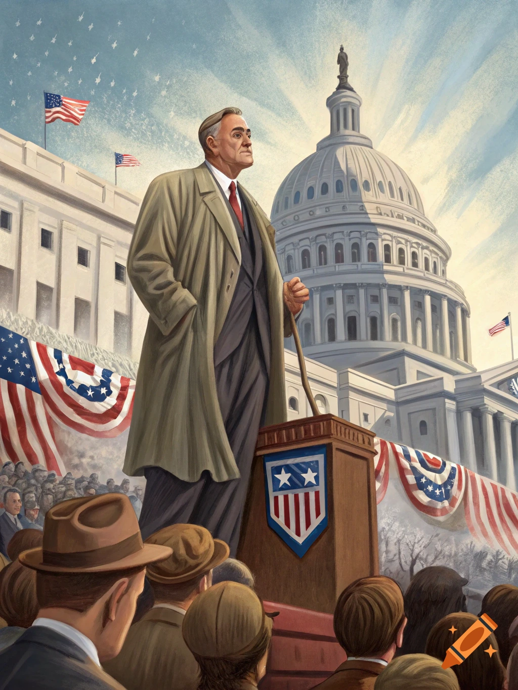 Illustration of a man, likely FDR, speaking at a podium in front of the US Capitol building.