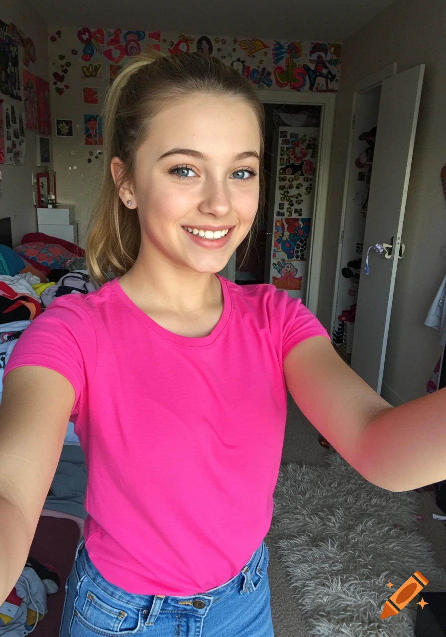 Teenage girl takes a selfie in her bedroom.