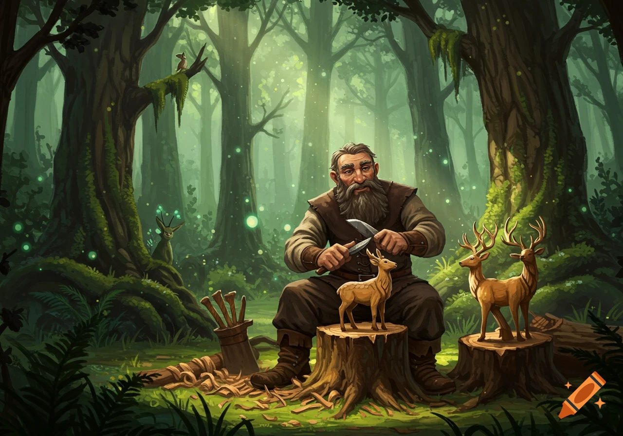 A man with a beard carves a small wooden deer while sitting on a stump in an enchanted forest with glowing lights.