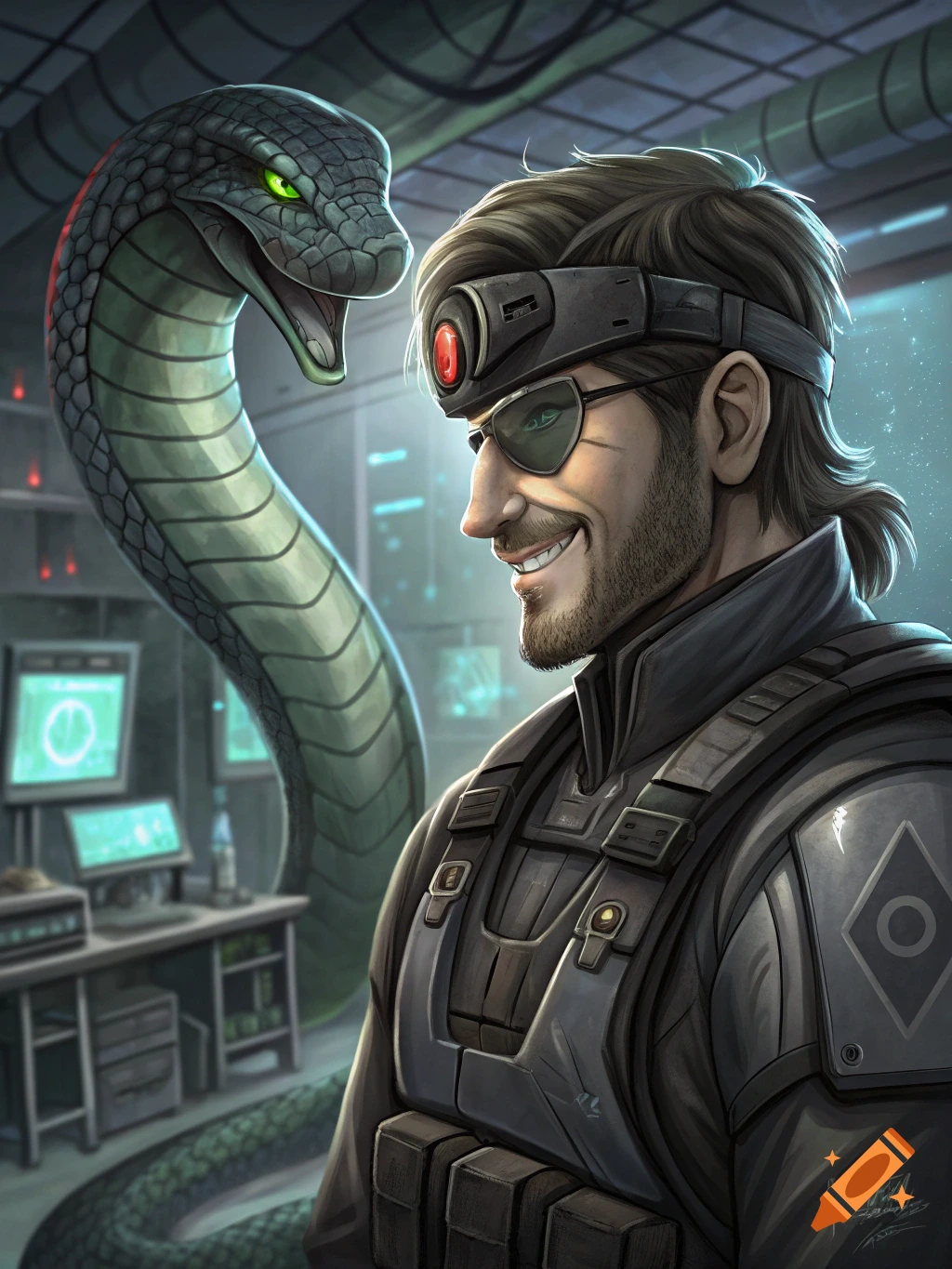 Illustration of Solid Snake smiling next to a large snake in a sci-fi room with monitors.