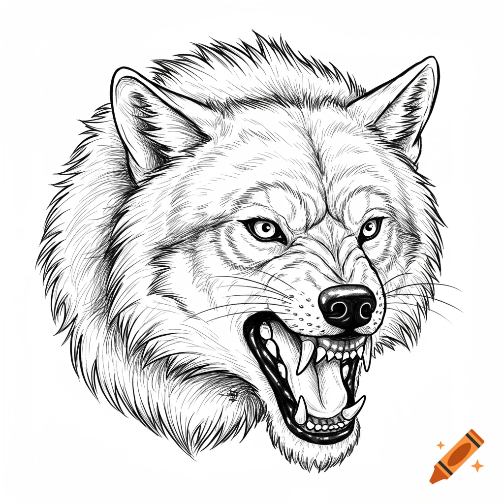 Line art illustration of a snarling wolf head.