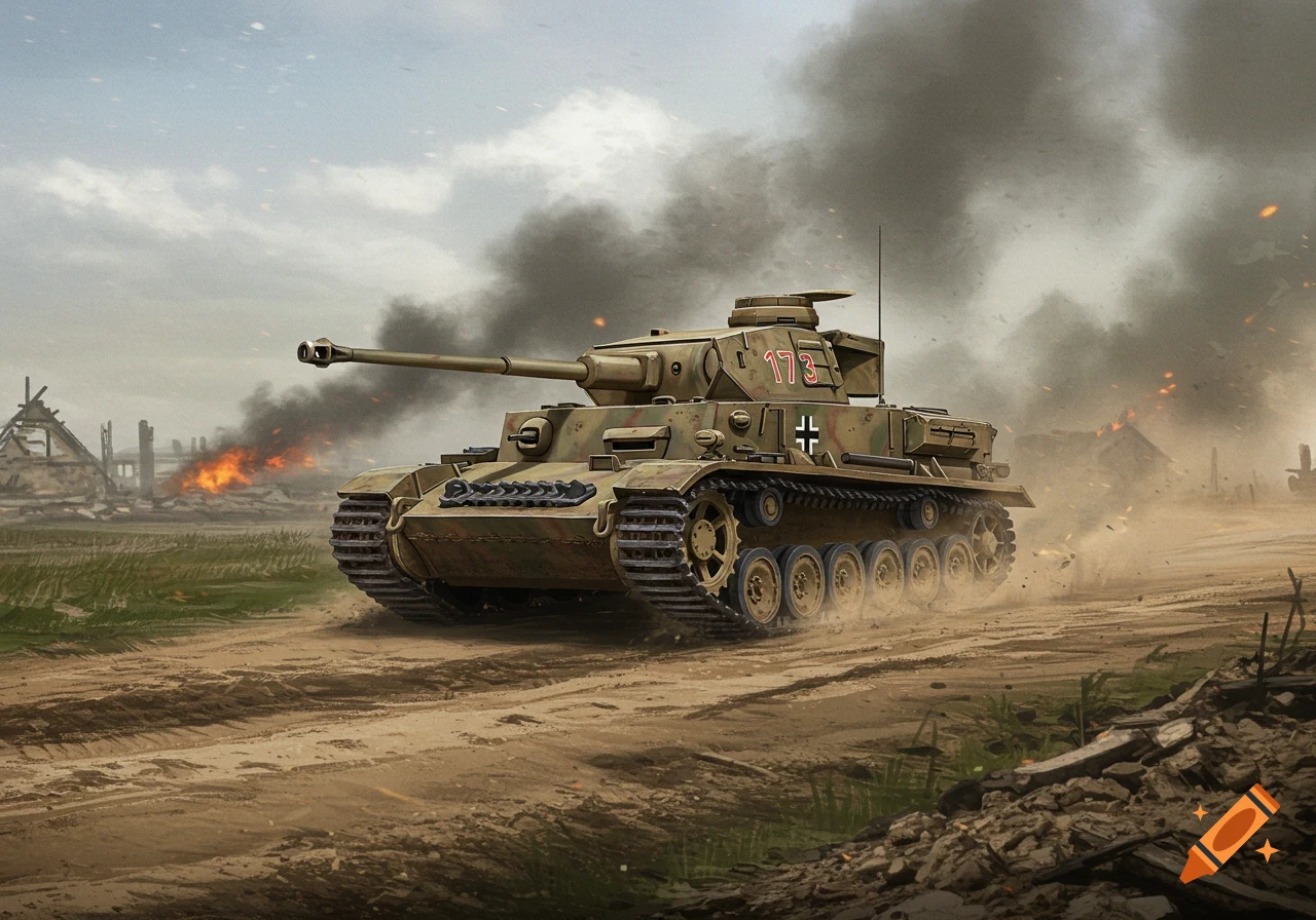 A German World War II tank drives through a smoky, ruined battleground in an illustration style.