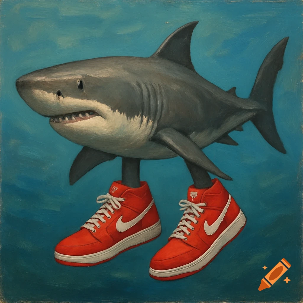 A painting of a shark wearing red and white sneakers against a blue background.