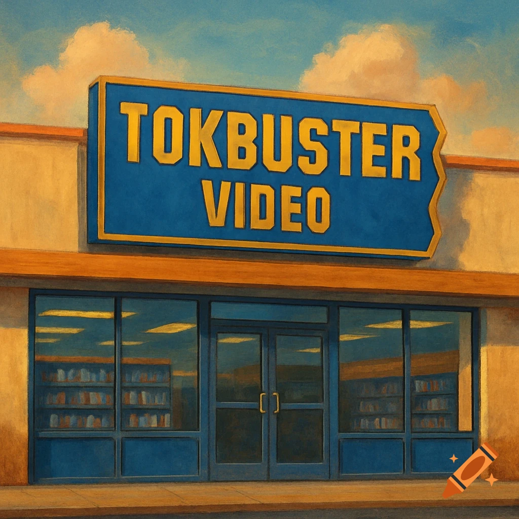 A retro-style storefront sign for 'TOKBuster VIDEO' with windows reflecting shelves, under a cloudy sky.